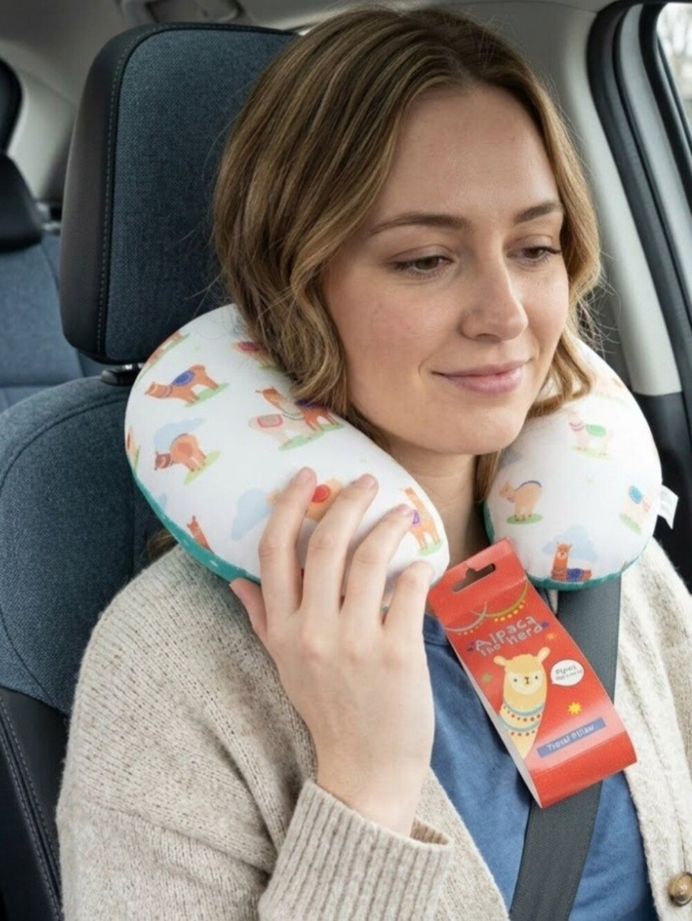 Travel Neck Pillow Llama Print - White & Teal NWT